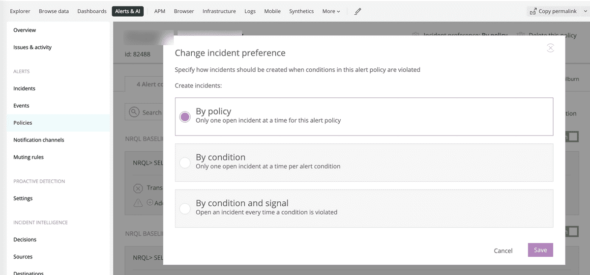 A screenshot showing how to change your incident preferences on New Relic One's Alerts user interface.