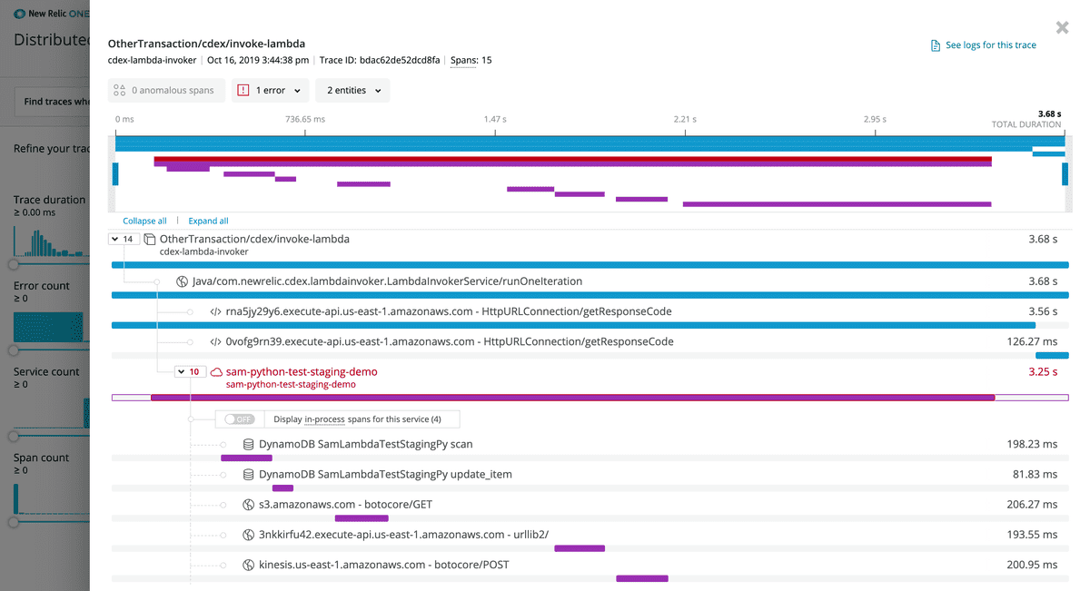 New Relic distributed tracing UI - trace details page