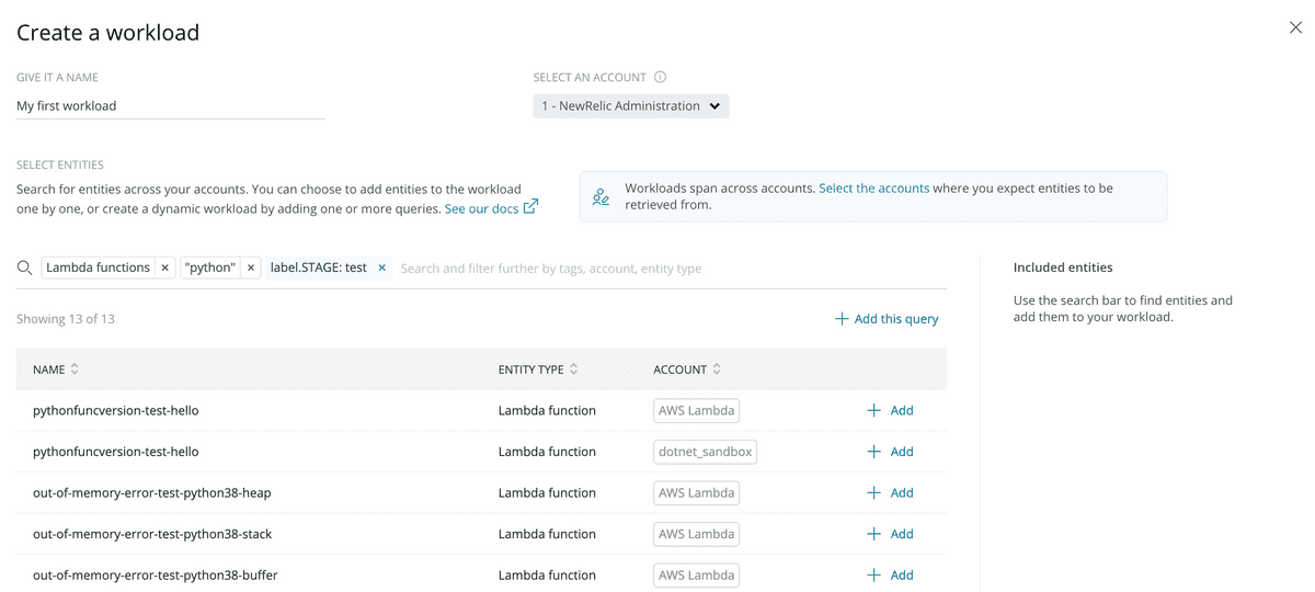 New Relic One - workload creation UI