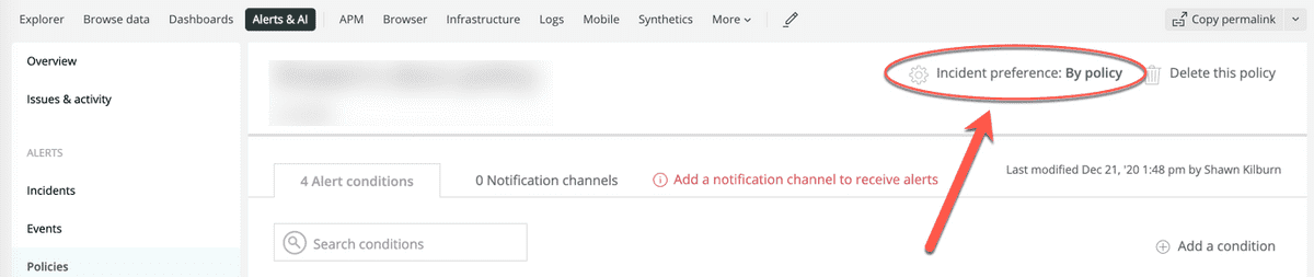 A screenshot showing where the incident preference button is inside New Relic One's Alerts user interface.