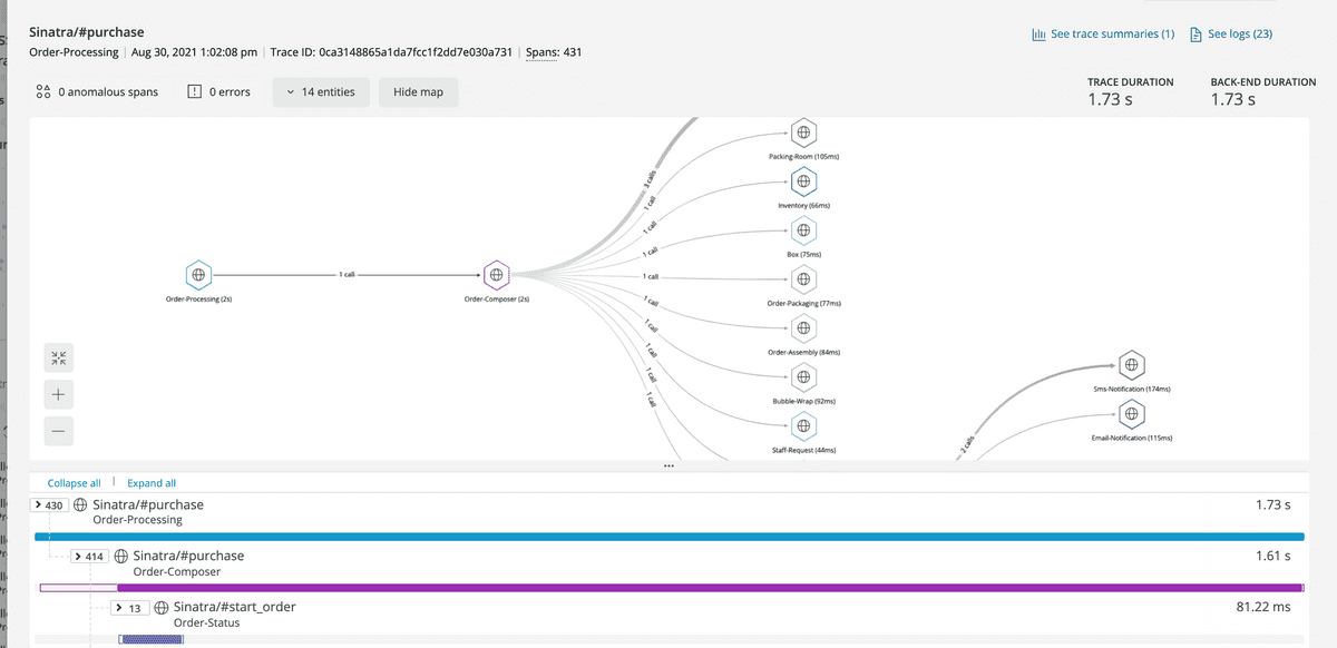 New Relic distributed tracing UI - trace details page